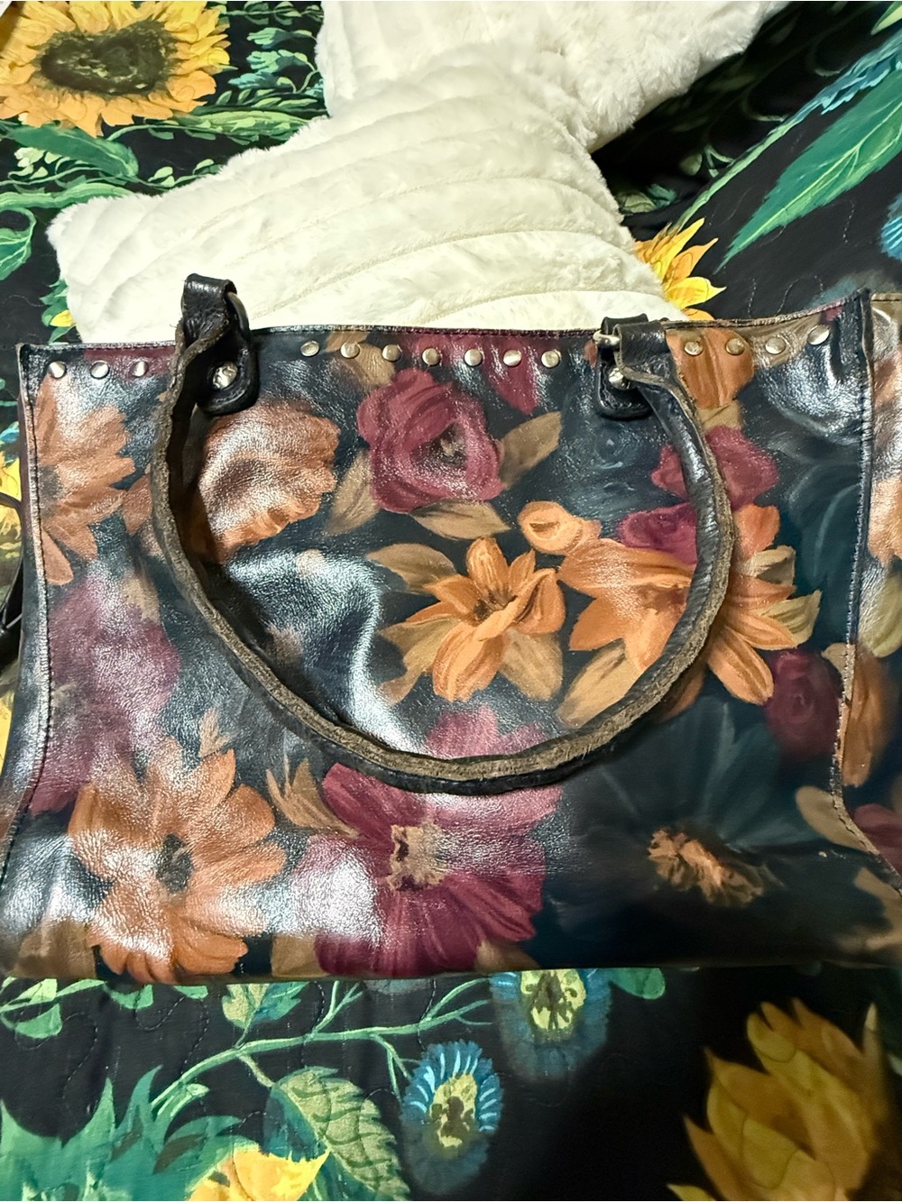 Patricia Nash Floral Leather Tote in Black with Orange & Burgundy Accents